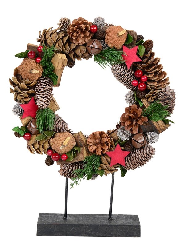 Natural Christmas Wreath With Pine Cones, Stars, Wood Chunks & Bells - 31cm