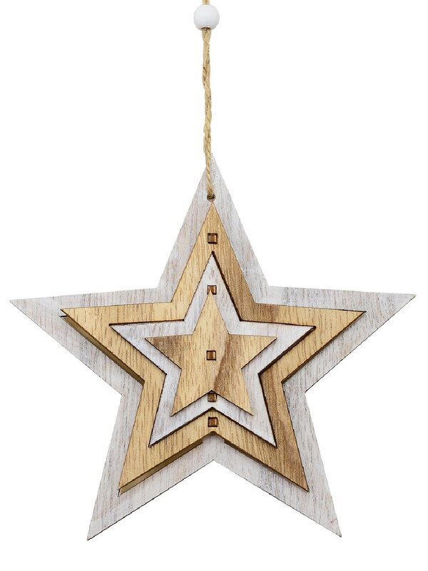 Natural & White Layered Wood Star Christmas Tree Hanging Decoration - 15cm