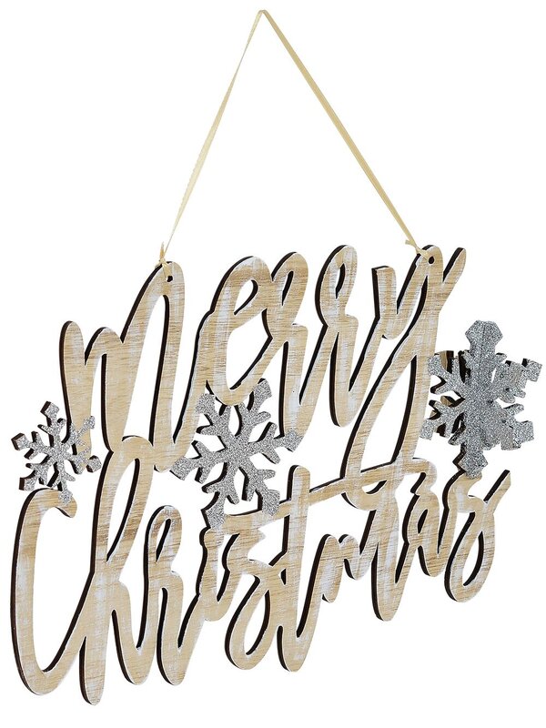 Natural Wood Hanging Merry Christmas with Silver Glittered Snowflakes - 20cm