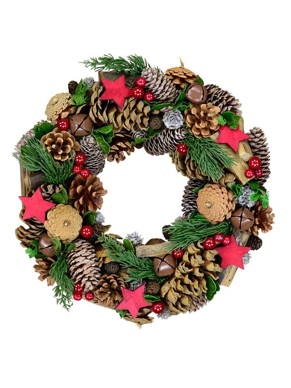 Natural Wreath With Pine Cones, Stars, Wood Chunks, Berries & Bells - 35cm