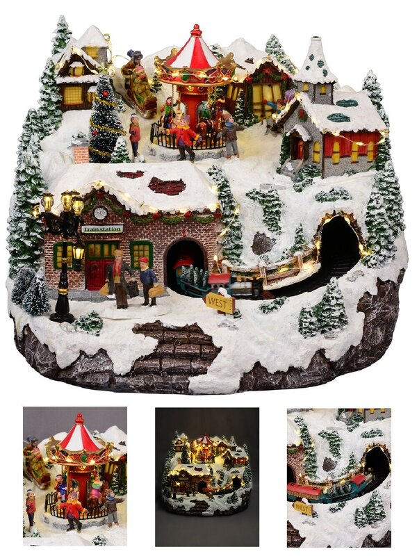 Northern Winter Christmas Village Scene With Rotating Train & Carousel - 26cm
