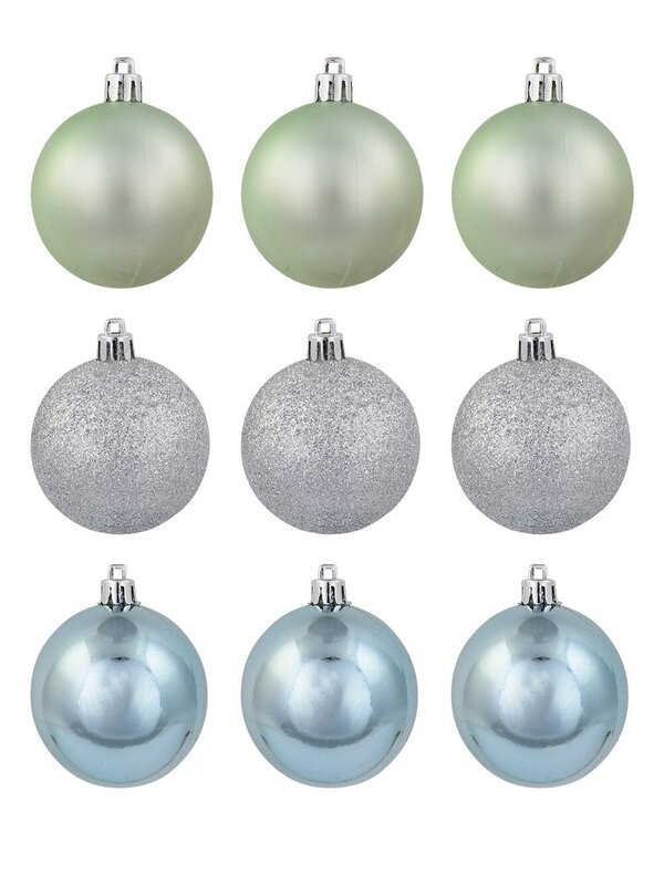 Pastel Green, Blue Matte & Silver Glitter Baubles - 9 x 60mm