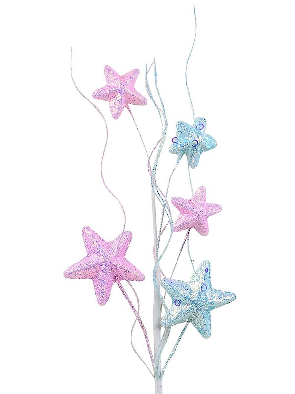 Pastel Pink & Blue Stars On Wavy Willow Spray Long Christmas Stem | 53cm