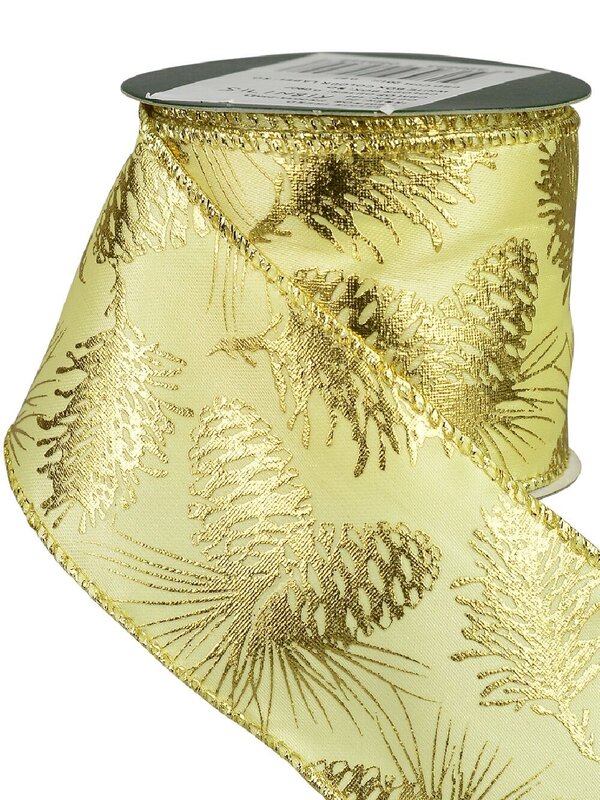 Pine Cone Pattern On Champagne Satin Christmas Ribbon With Gold Edging - 3m