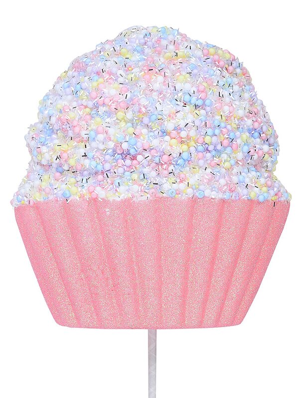 Pink Cupcake With Pastel Sprinkles & Silver Tinsel Long Christmas Stem | 71cm