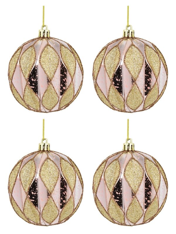 Pink Geometric Textured Shiny & Glittered Baubles - 4 x 80mm