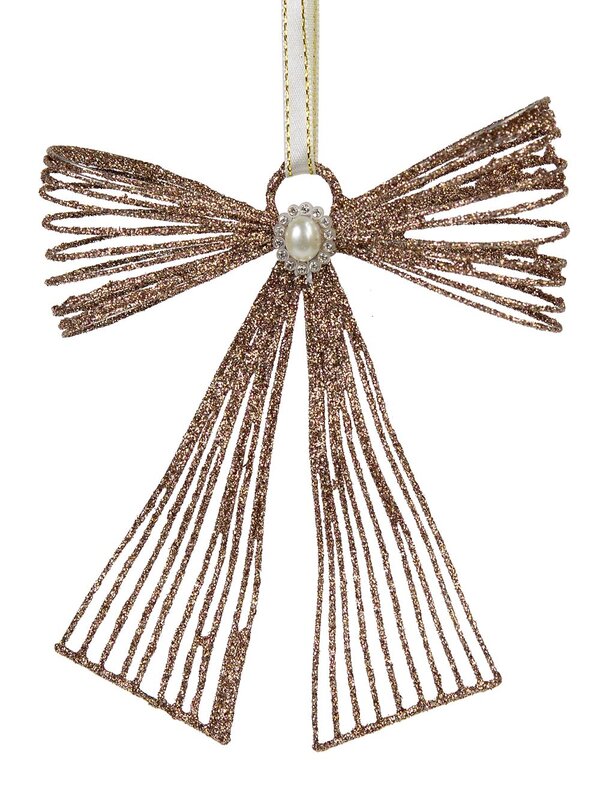 Pink Glitter Metal Ribbon Hanging Ornament With Pearl Embellishment - 12cm