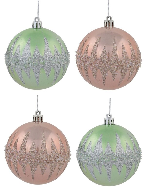 Pink & Mint Green Baubles With Silver Glitter & Frost Bits - 4 x 80mm 