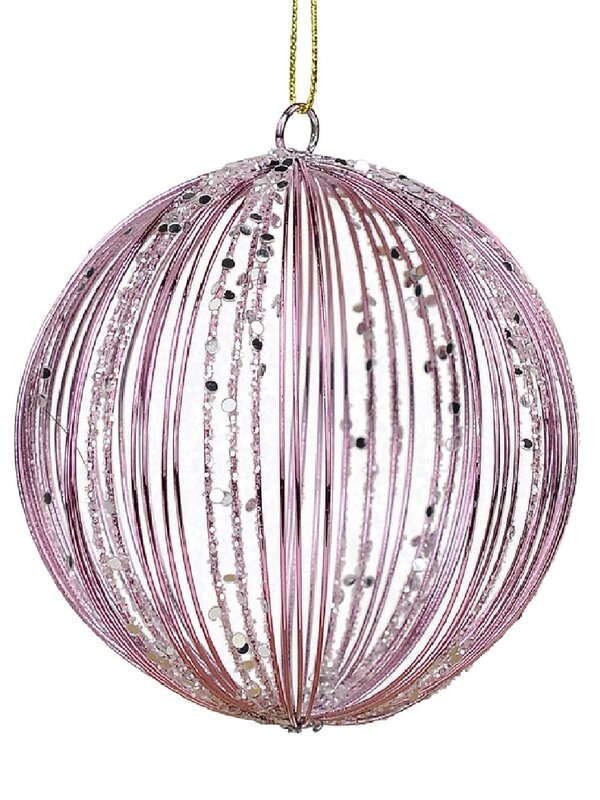 Pink Wire Glittered Bauble Shape Christmas Tree Hanging Decoration - 80mm
