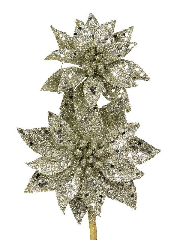 Platinum Gilttered Poinsettia Pick With 2 Flowers On Single Stem - 30cm