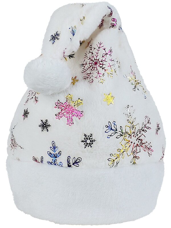 Plush White Santa Hat Metallic Rainbow Snowflakes | One Size Fits Most
