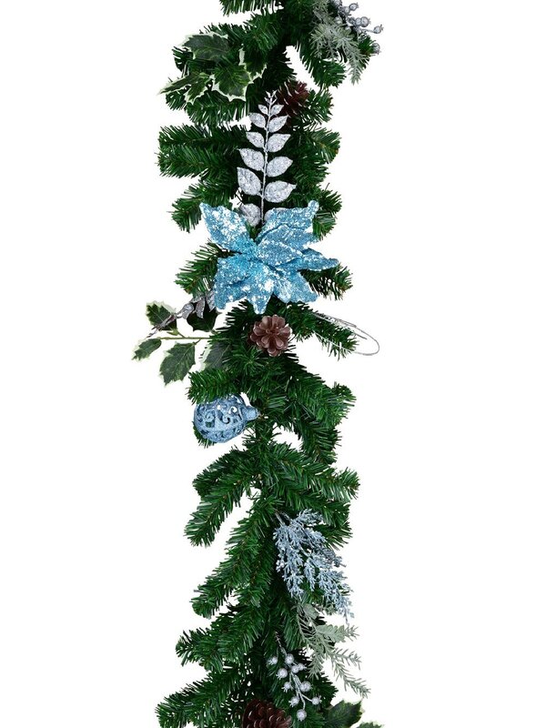 Pre-Decorated Blue Poinsettia, Pine Cone, Foliage & Baubles Pine Garland - 2.7m