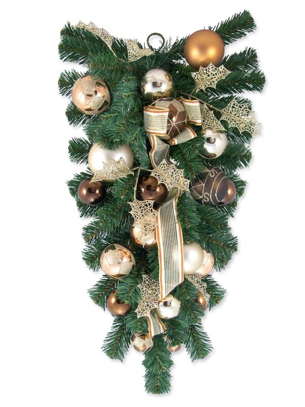 Pre-Decorated Chocolate, Copper & Champagne Bauble & Pine Teardrop - 60cm