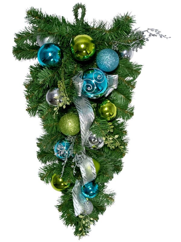 Pre-Decorated Lime, Silver & Turquoise Bauble & Pine Teardrop - 60cm