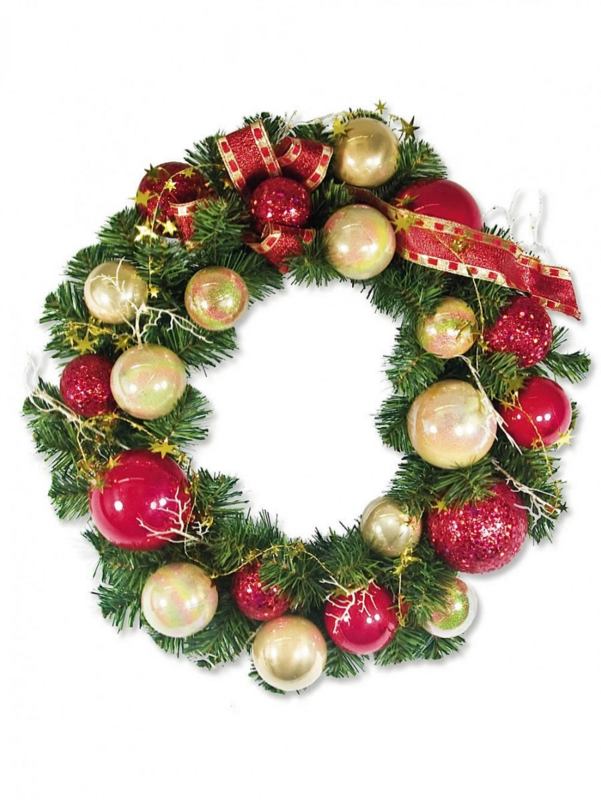 Pre-Decorated Red & Gold Bauble & Pine Wreath With Twigs - 44cm