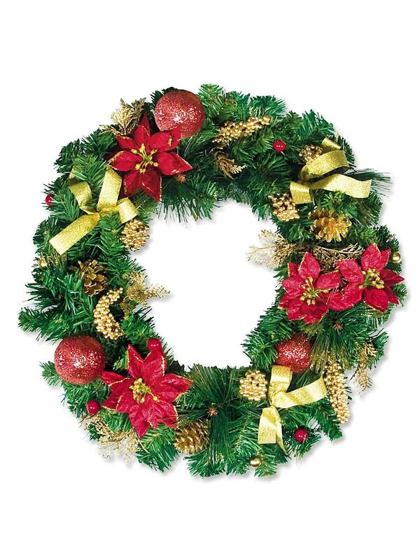 Pre-Decorated Red & Gold Pine Wreath With Poinsettia & Decorations - 44cm