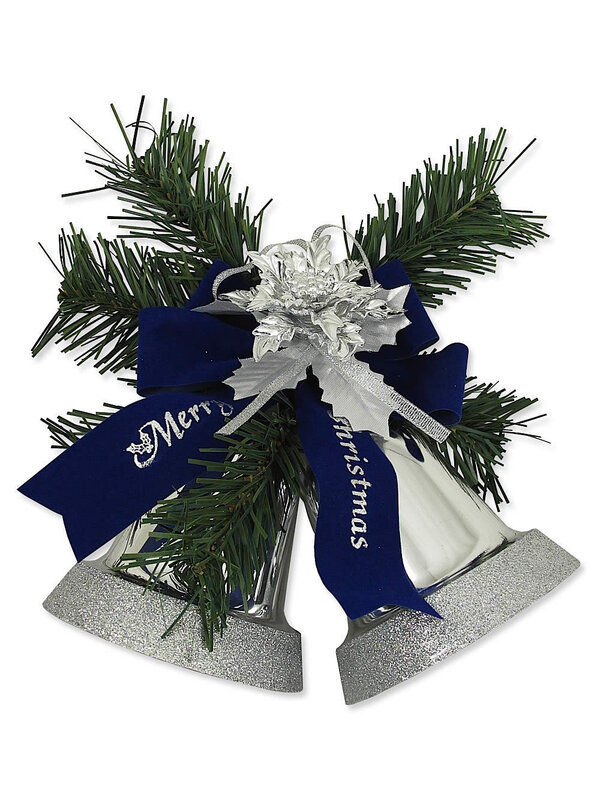 Pre-Decorated Sliver Bells With Blue Velvet Bow - 35cm