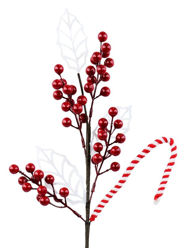 Red Berries White Leaves & A Candy Cane Spray Long Christmas Stem | 64cm