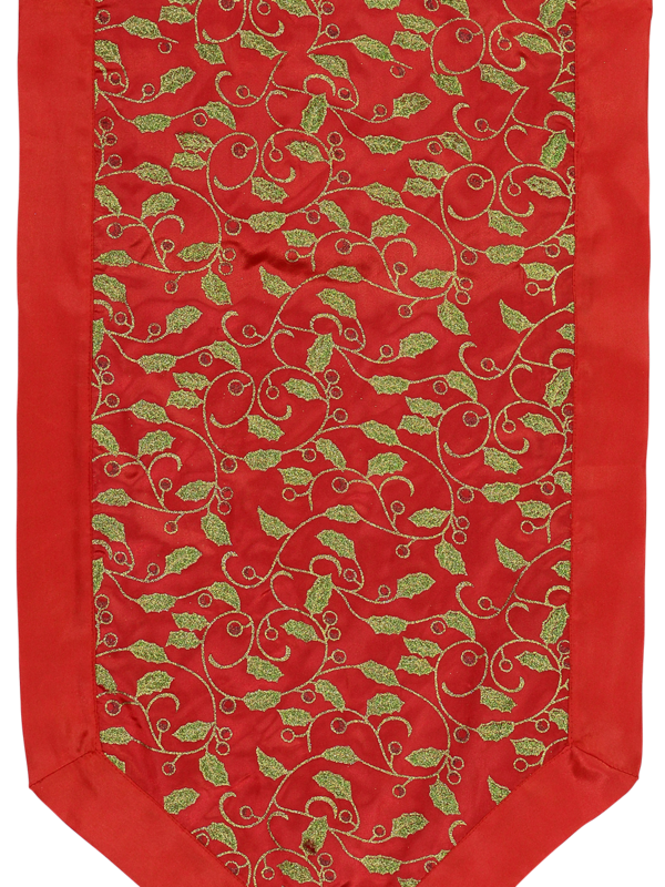 Red Christmas Table Runner With Green Holly Leaf Design & Gold Tassel - 1.4m