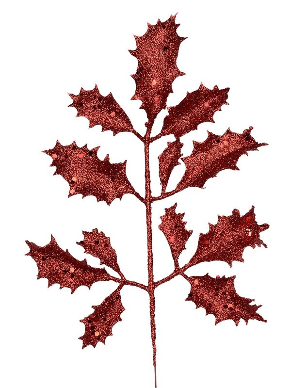Red Glittered Decorative Holly Leaf Pick - 15cm