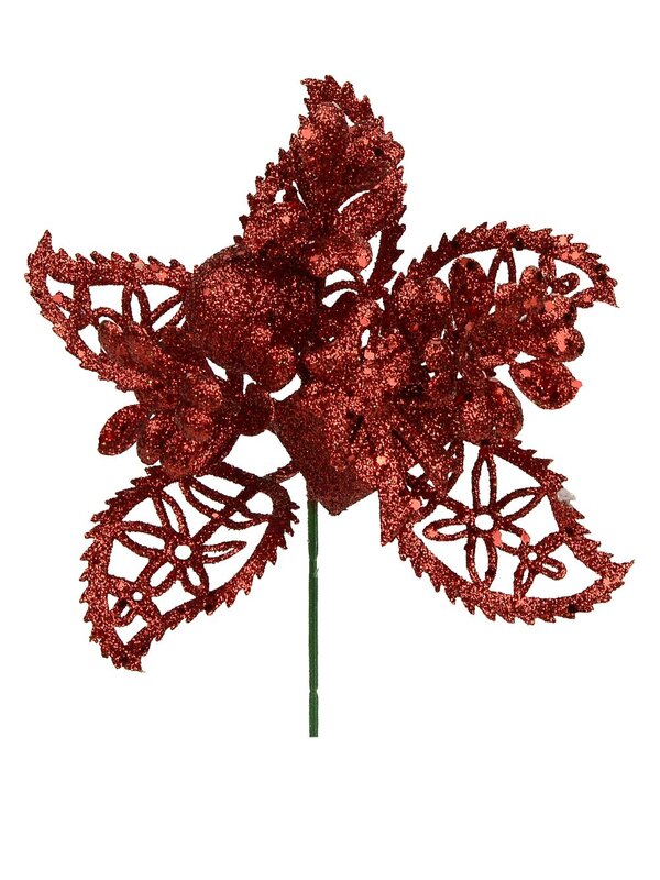 Red Glittered Decorative Leaf, present & berry Flower Pick - 14cm