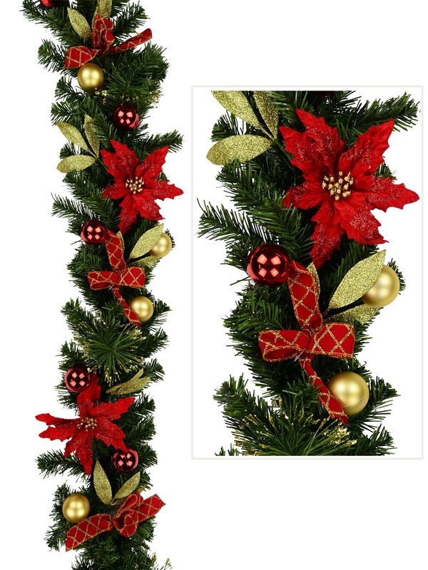 Red & Gold Garland With Poinsettias, Baubles Leaves & Gold Tips - 1.8m