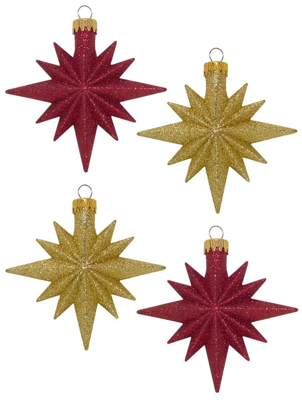 Red & Gold Glittered 12 Point Star Decorations - 4 x 11cm