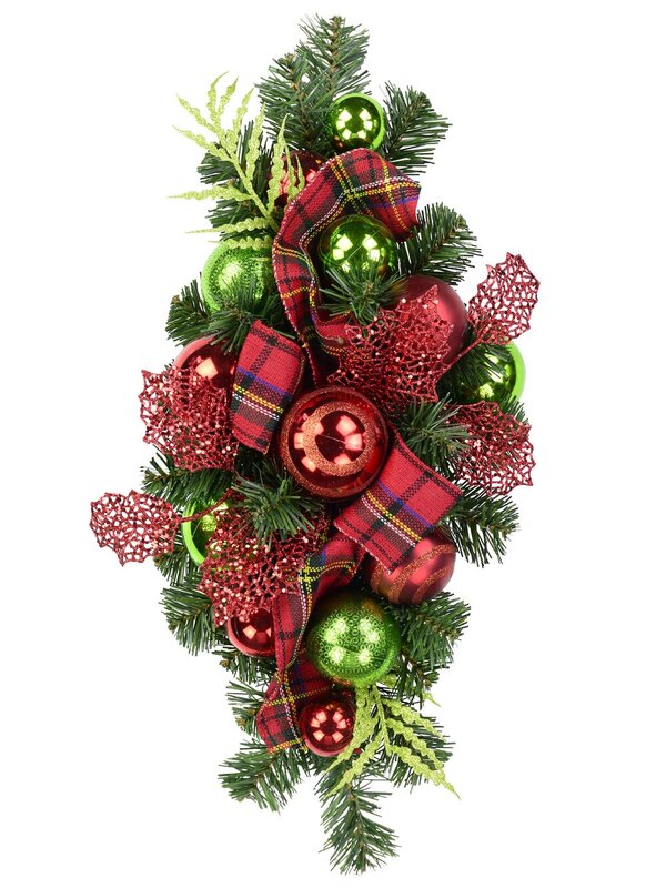 Red & Green Bauble Pre-Decorated Centrepiece With Tartan Ribbon - 60cm