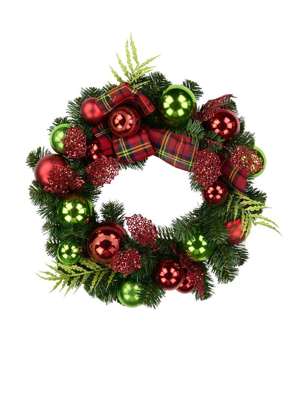Red & Green Bauble Pre-Decorated Wreath With Tartan Ribbon - 48cm