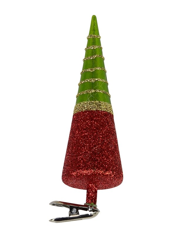 Red, Green & Gold Cone Shape Tree Christmas Tree Clip On Decoration - 13cm