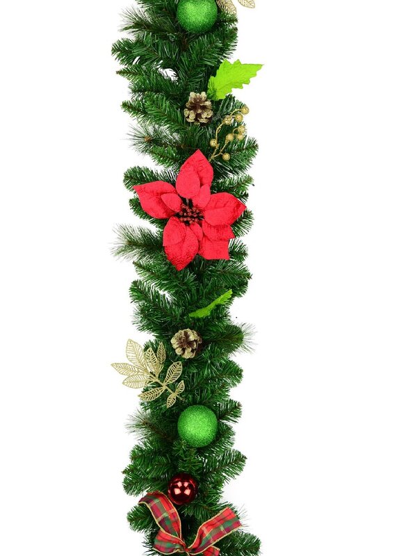 Red, Green & Gold Garland With Tartan Ribbon Detail - 2.7m