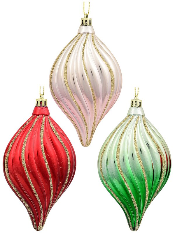Red, Green & Pink Gradated Onion Baubles With Gold Stripes - 3 x 14cm