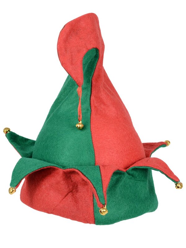 Red & Green Traditional Elf Hat With Jingle Bells | One Size Fits Most