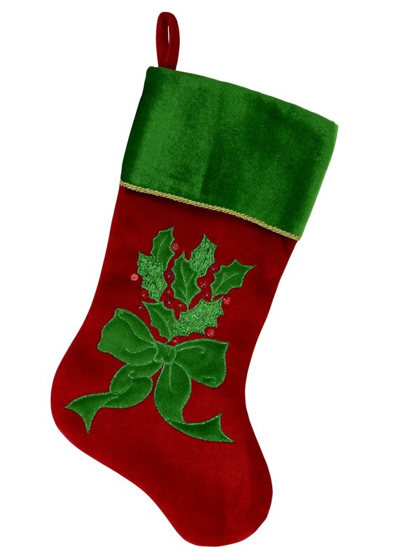 Red & Green Velvet Stocking With Holly Leaf Applique & Embroidery - 46cm