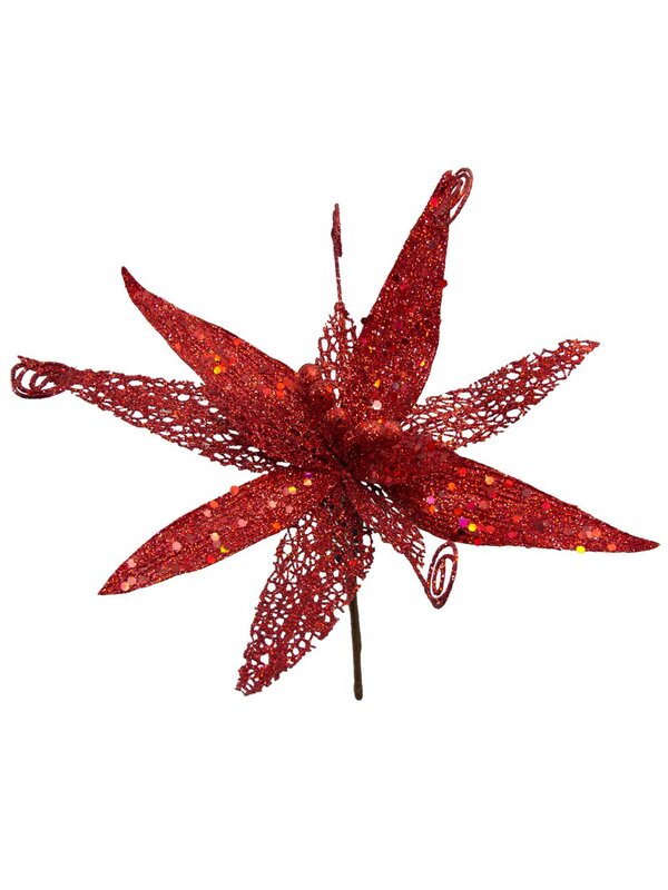 Red Sequin & Filigree Flower Decorative Pick - 27cm