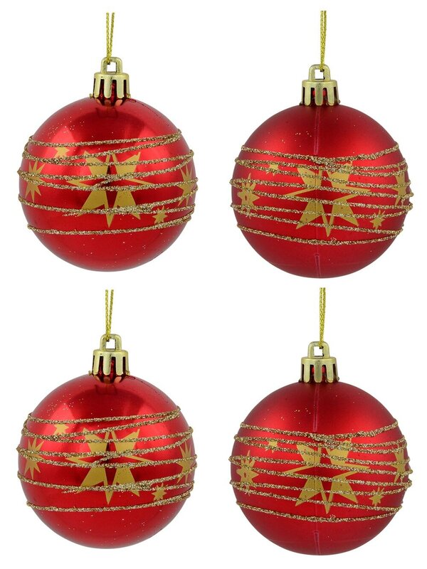 Red Shiny & Matte Baubles With Gold Stars & Glitter Stripes Design - 6 x 60mm