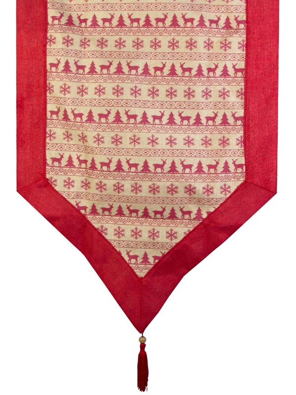 Red Snowflake, Trees & Reindeers On Hessian Table Runner - 1.5m