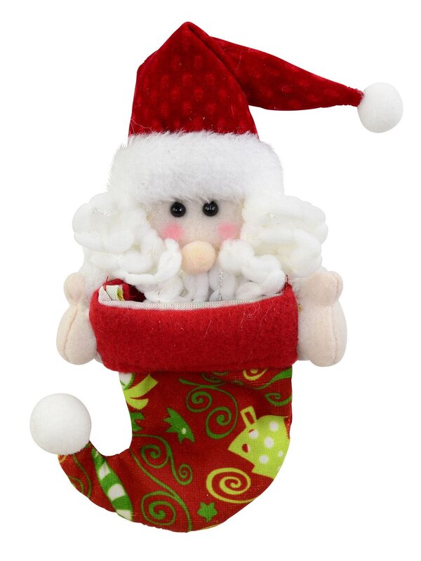 Red Stocking With Christmas Print & Santa Peeking Hanging Ornament - 18cm