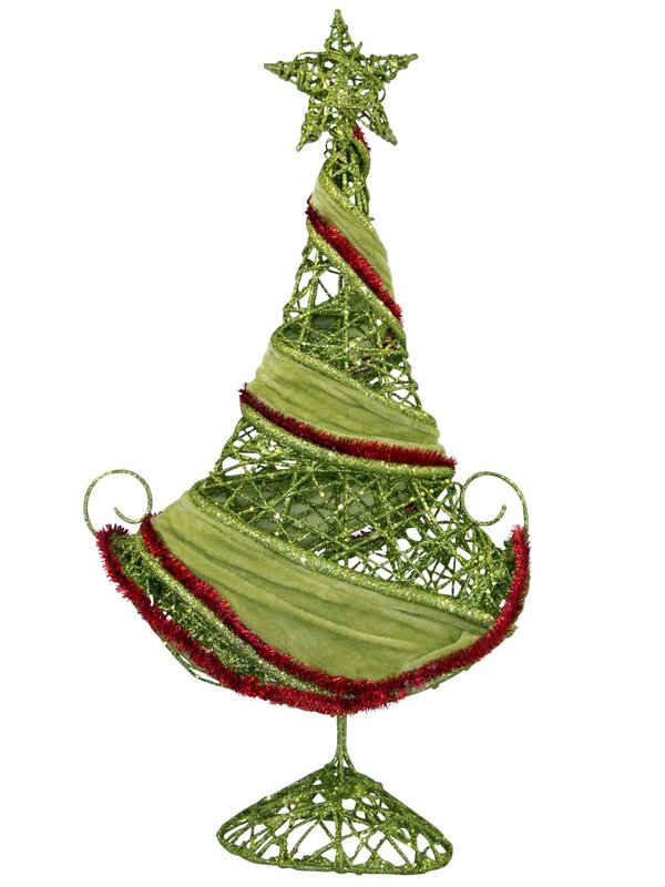 Red Tinsel & Green Velvet Wrapped Table Top Tree - 50cm