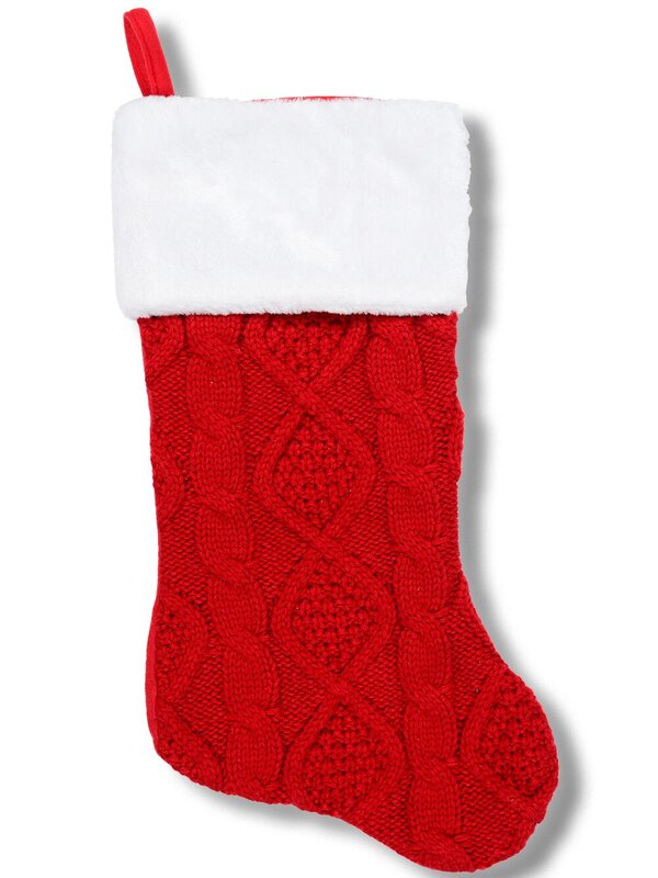 Red Twisted & Trellis Cable Knit Look Christmas Stocking With Faux Fur | 48cm