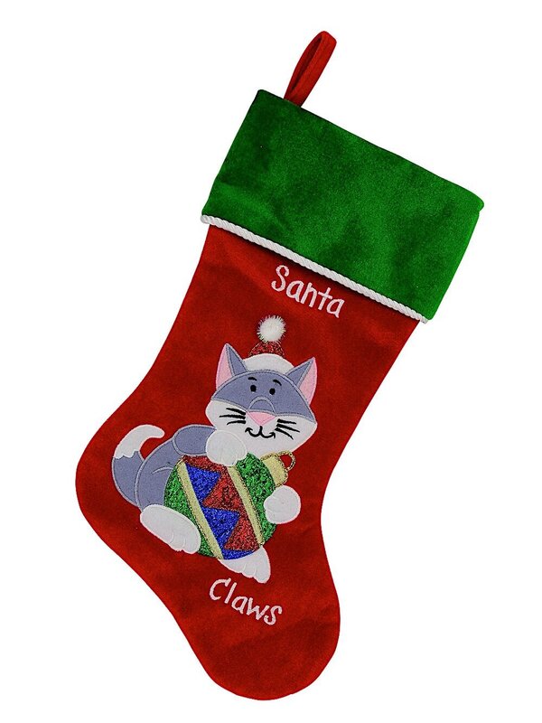 Red Velvet Santa Claws With Cat Embroidery Christmas Stocking - 40cm
