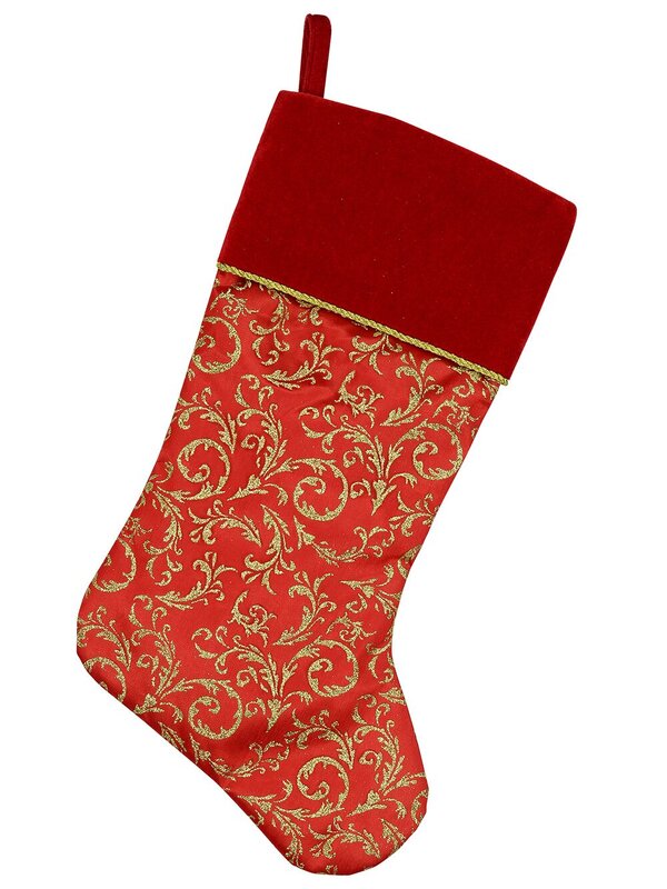 Red Velvet Stocking With Gold Glittered Pattern - 52cm