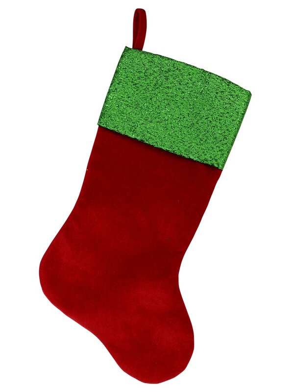 Red Velvet Stocking With Metallic Green Cuff - 46cm