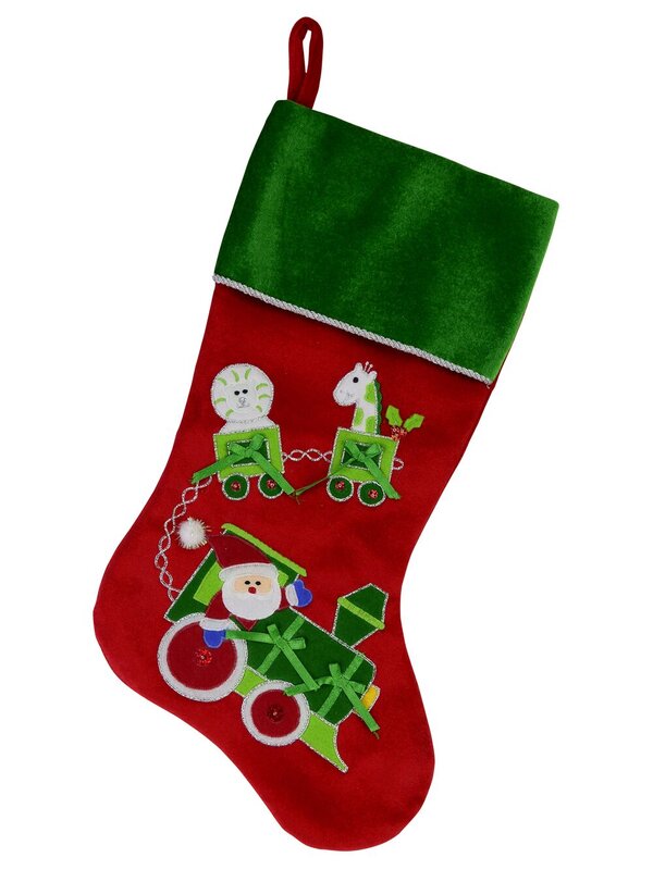 Red Velvet With Green Santa Train & Toys Applique Christmas Stocking - 48cm