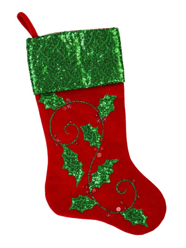 Red Velvet With Sequin Holly Leaf, Berries & Green Sequin Cuff Stocking - 48cm