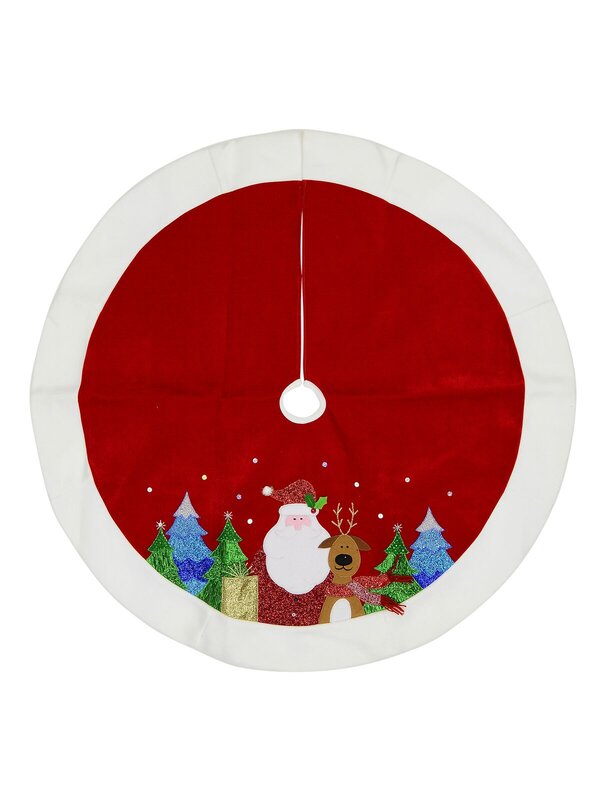 Red Velvet With White Trim &, Santa & Reindeer Design Tree Skirt - 1.2m