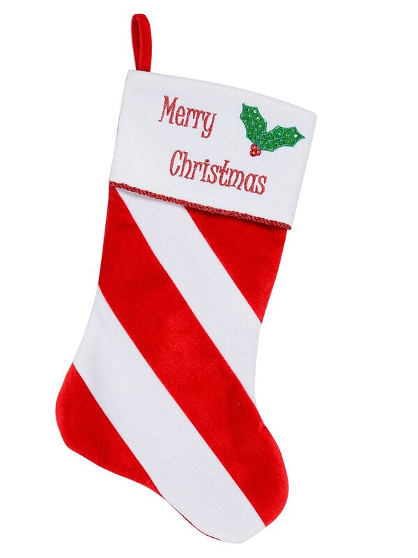Red & White Stripe With Font & Holly Applique Velvet Christmas Stocking - 48cm
