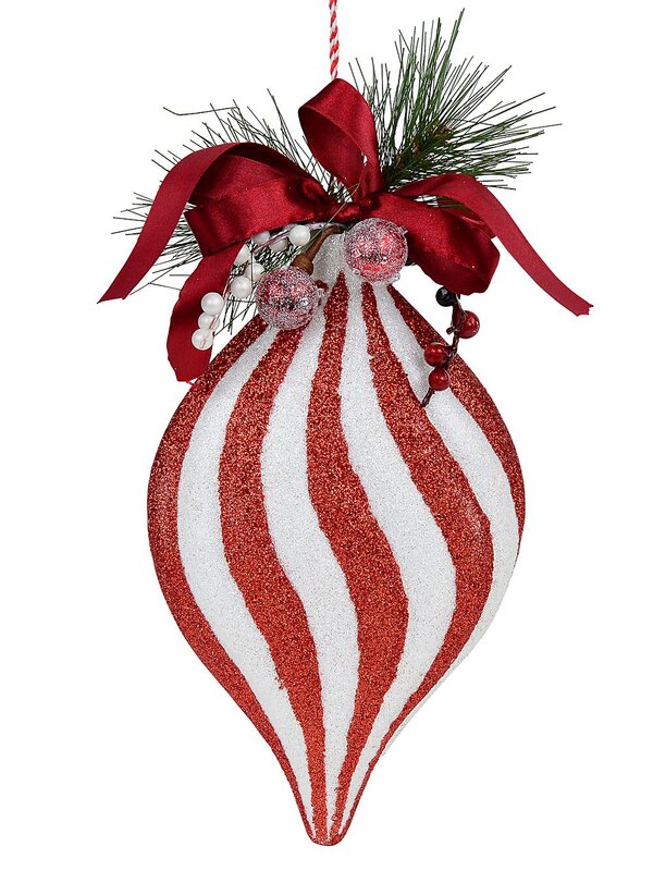 Red & White Swirl Pattern Onion Shape Christmas Hanging Decoration - 30cm