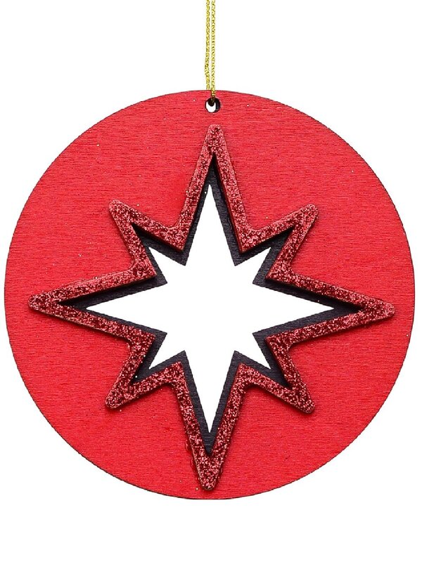Red Wood Bethlehem Star Medallion Christmas Tree Hanging Decoration - 10cm