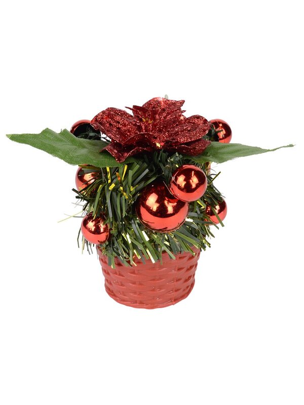 Red Woven Basket With Red Baubles & Flower Table Top Ornament - 10cm